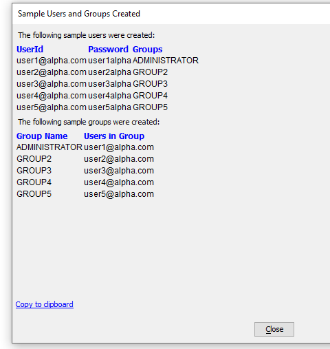 A list of sample users and groups generated by the genie